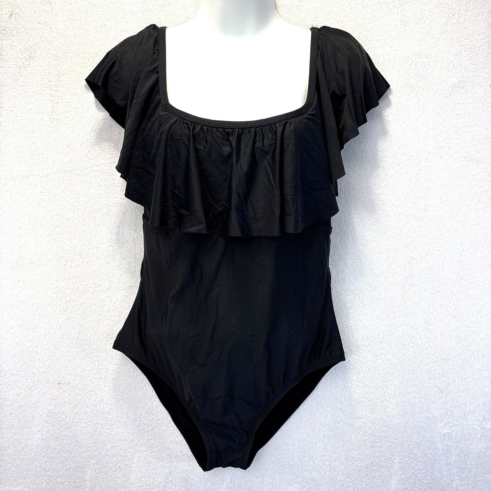 Athena One Piece Swimsuit Womens Size 10 Black Ruffle Wide Strap Lined